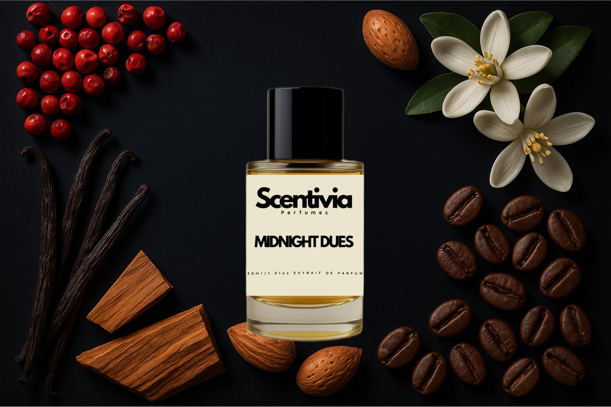Scentivia Midnight Dues perfume bottle arranged flat on a black surface surrounded by red pink peppercorns, whole vanilla beans, wood blocks, whole almonds, coffee beans, and white blossoms with green leaves.