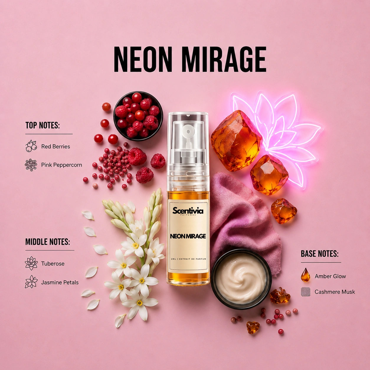 Neon Mirage - Luxury fragrance ingredients with red berries, pink peppercorn, tuberose, jasmine petals, amber and cashmere musk