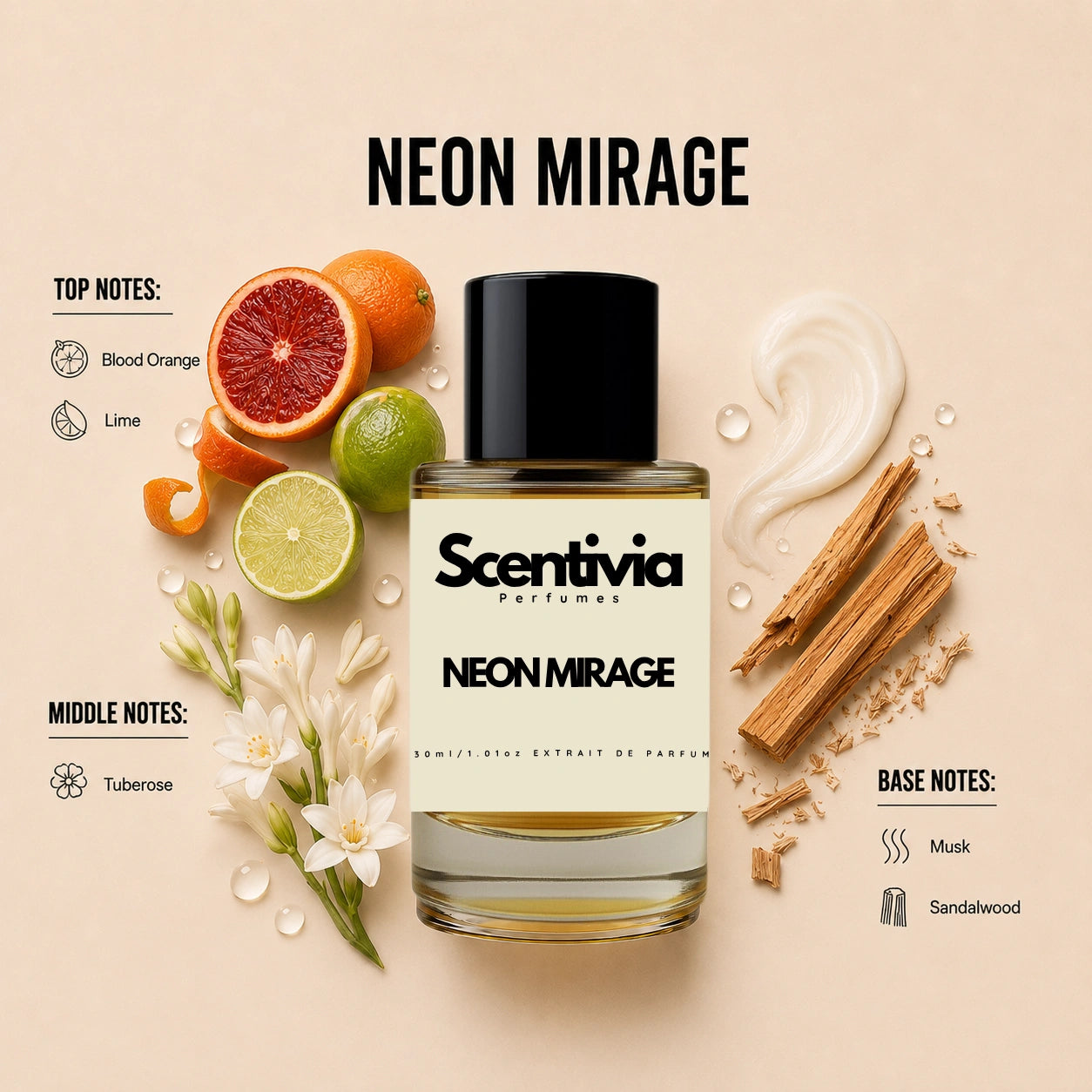 Scentivia Neon Mirage perfume breakdown showing top, middle, and base notes including blood orange, lime, tuberose, musk, and sandalwood around the bottle.