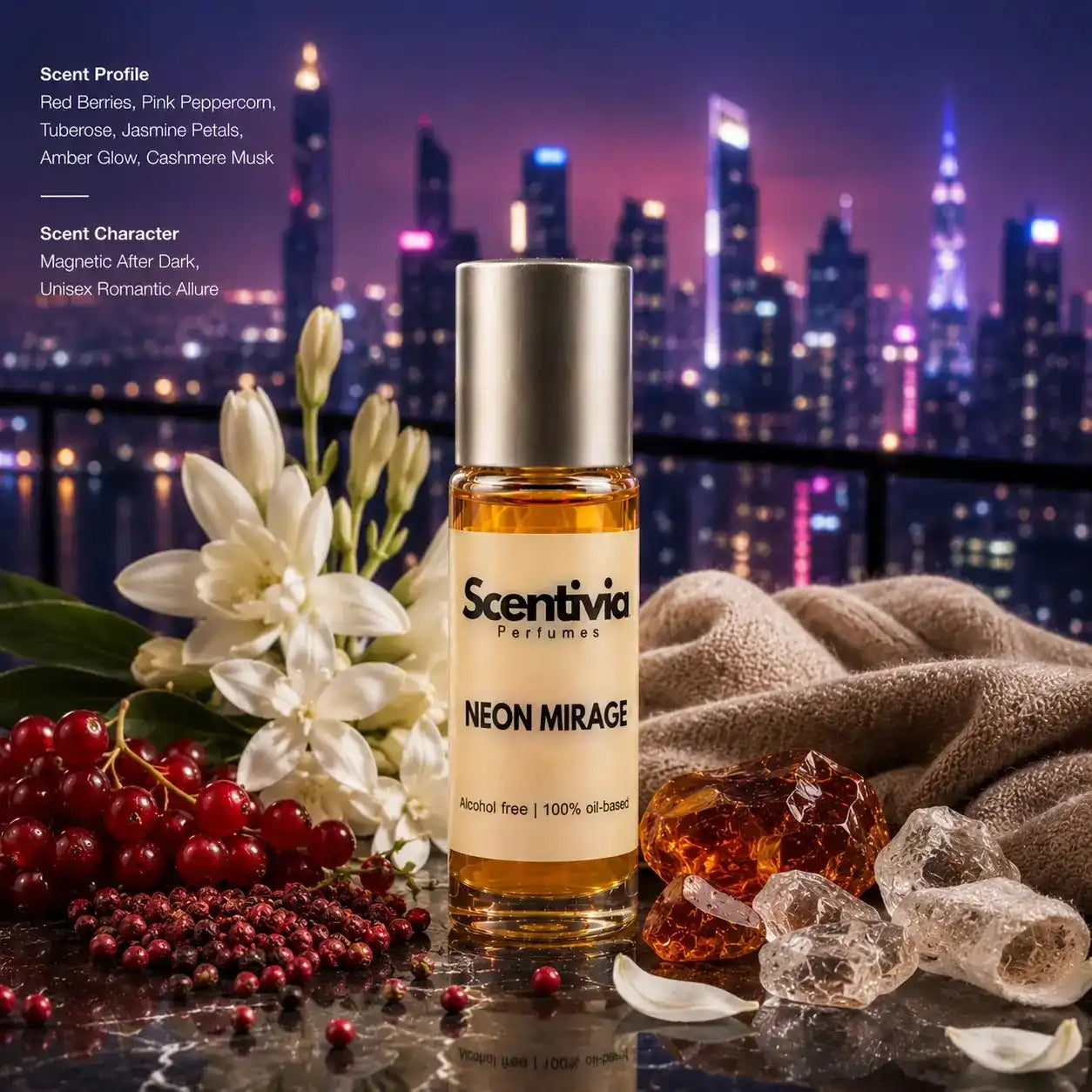 Neon Mirage roll on bottle with Red Berries, Pink Peppercorn, Tuberose, Amber crystals and Cashmere fabric in city night setting. Character: Magnetic, Romantic