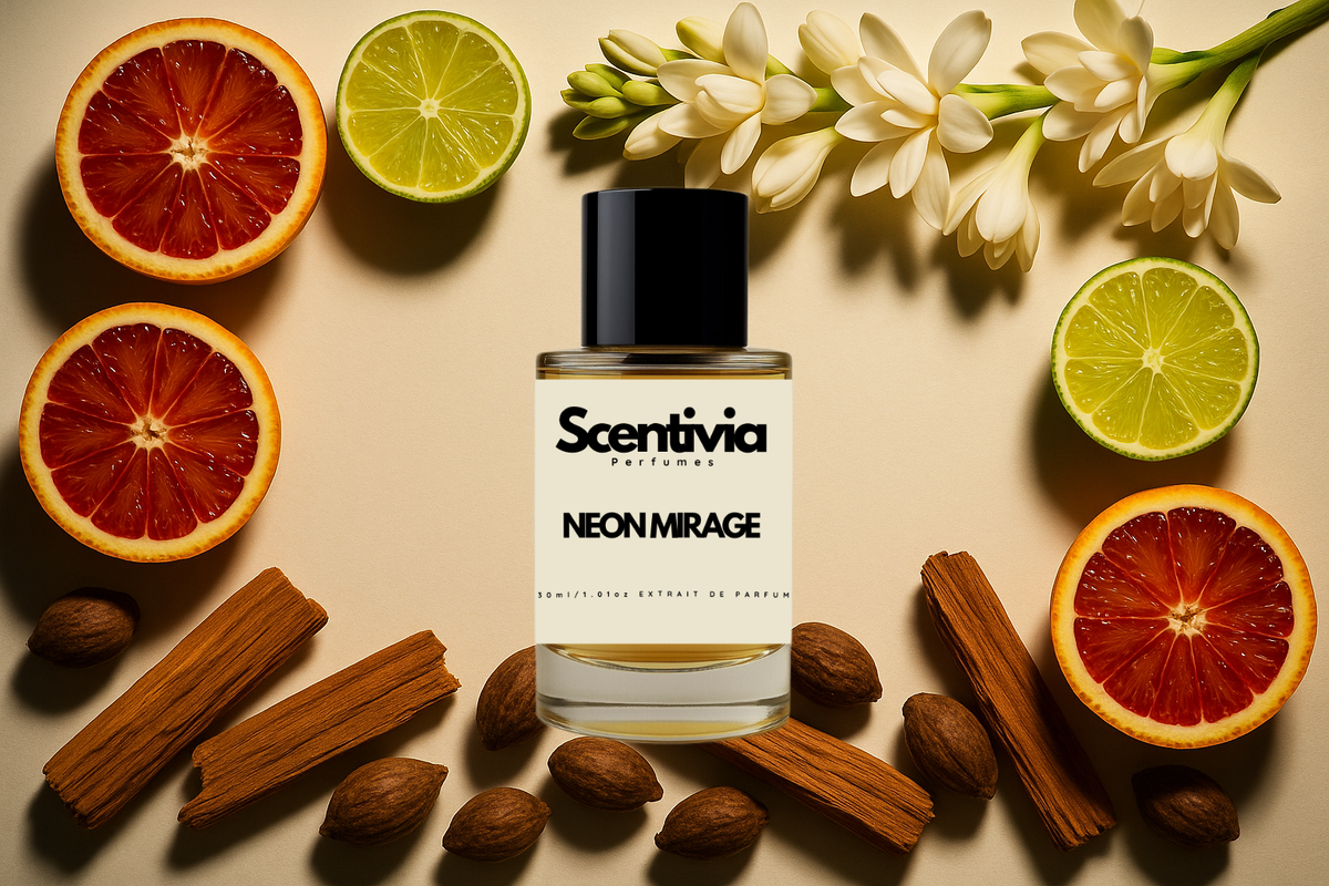 Scentivia Neon Mirage perfume bottle surrounded by sliced blood oranges, limes, sprigs of white flowers, cinnamon sticks, and nuts on a warm beige background.