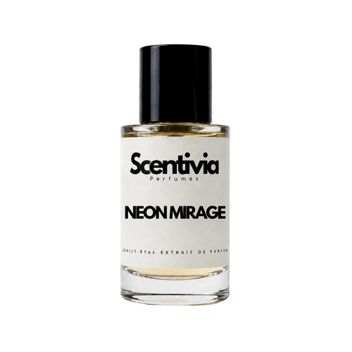 Neon Mirage perfume bottle with black cap and clear golden liquid