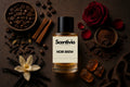 Scentivia Noir Brew perfume bottle surrounded by coffee beans, cinnamon sticks, vanilla pods with a white flower, a red rose with loose petals, cocoa powder, chocolate pieces, and amber-colored crystals on a dark textured background.