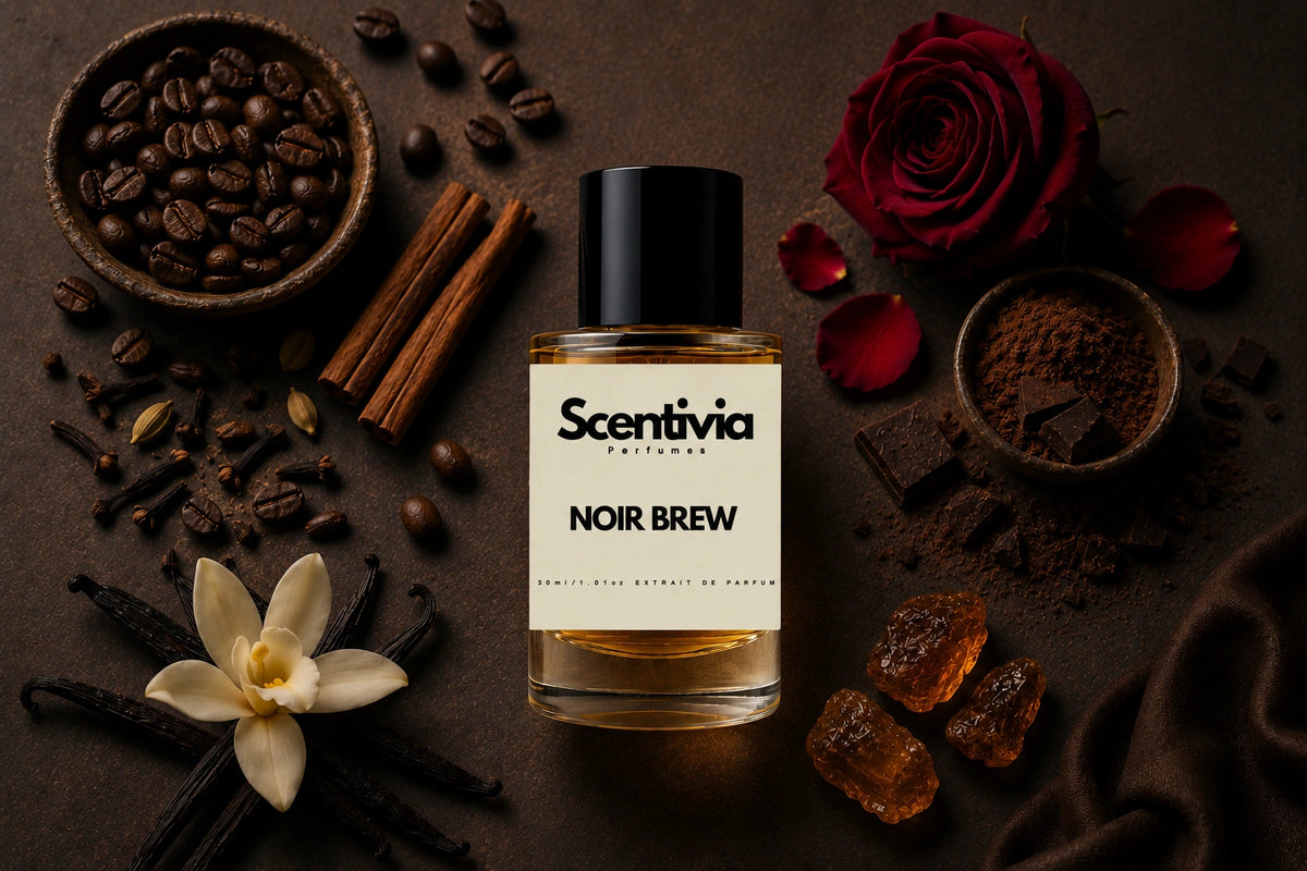 Scentivia Noir Brew perfume bottle surrounded by coffee beans, cinnamon sticks, vanilla pods with a white flower, a red rose with loose petals, cocoa powder, chocolate pieces, and amber-colored crystals on a dark textured background.