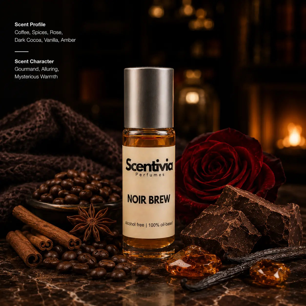 Noir Brew Roll On bottle with Coffee, Rose, Dark Cocoa and Vanilla featuring a warm gourmand mysterious scent profile