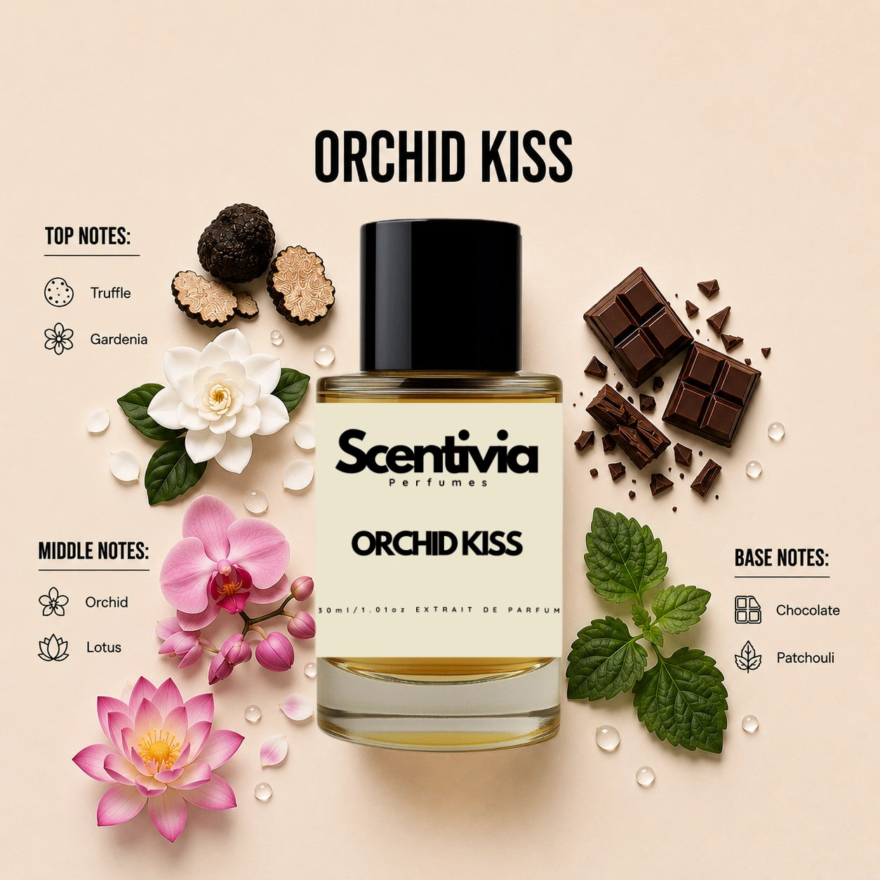 A Scentivia Orchid Kiss perfume bottle arranged flat on a light beige surface, surrounded by black truffles, gardenia, orchid, lotus blossoms, chocolate squares, and patchouli leaves with note labels on either side.