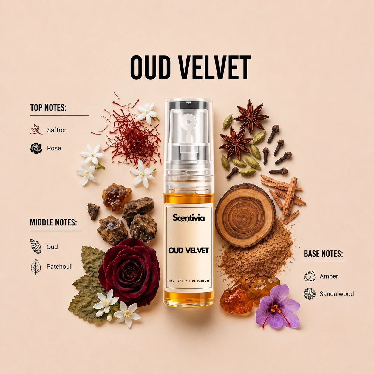 Oud Velvet 2ML perfume bottle by Scentivia Perfumes with Saffron, Rose, Oud, Patchouli, Amber and Sandalwood