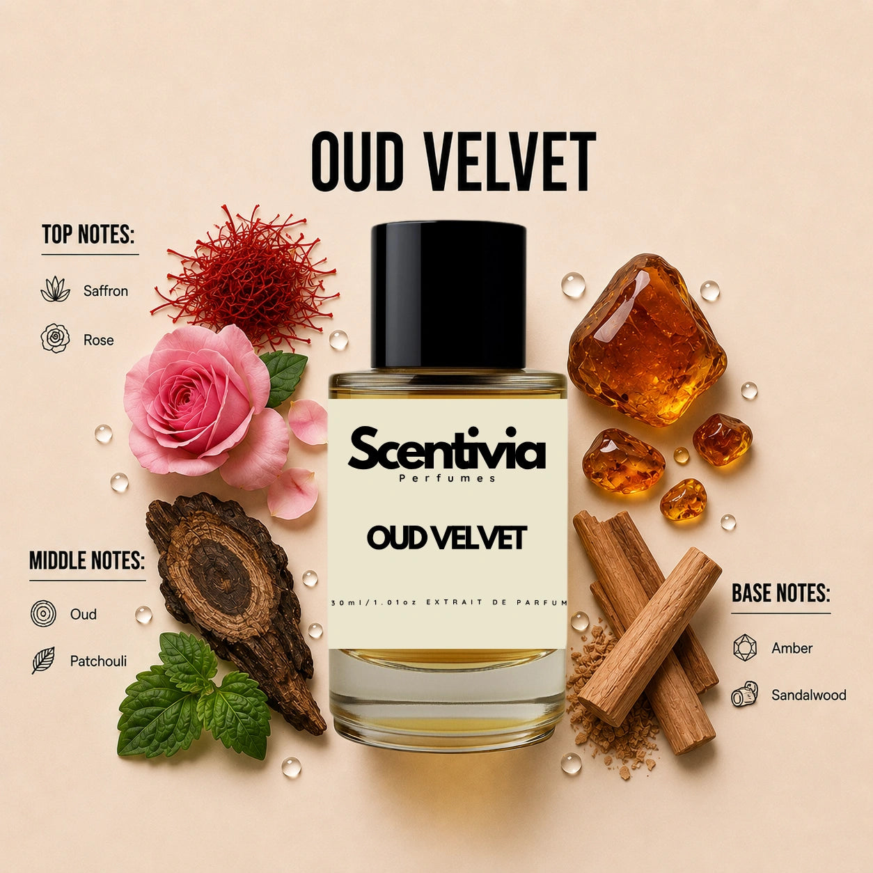 Scentivia Oud Velvet perfume breakdown showing top, middle, and base notes including saffron, rose, oud, patchouli, amber, and sandalwood around the bottle.