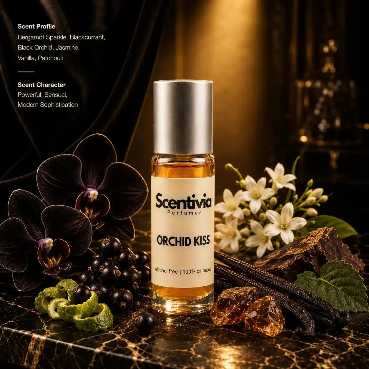 Orchid Kiss roll on bottle with Black Orchid, Blackcurrant, Jasmine, Vanilla and Amber crystals in luxurious setting. Character: Sensual, Sophisticated