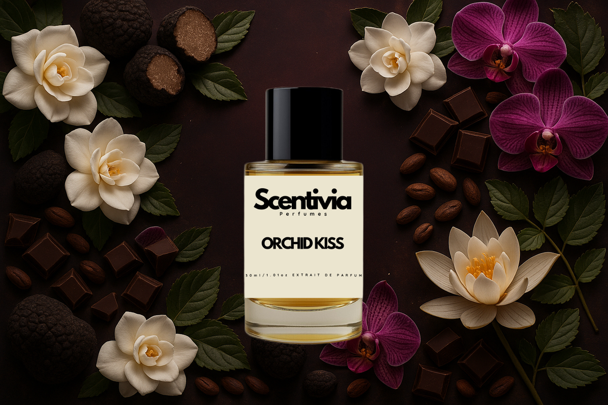 Scentivia Orchid Kiss perfume bottle arranged flat on a dark brown background surrounded by white gardenias, purple orchids, black truffles, chocolate squares, and coffee beans.
