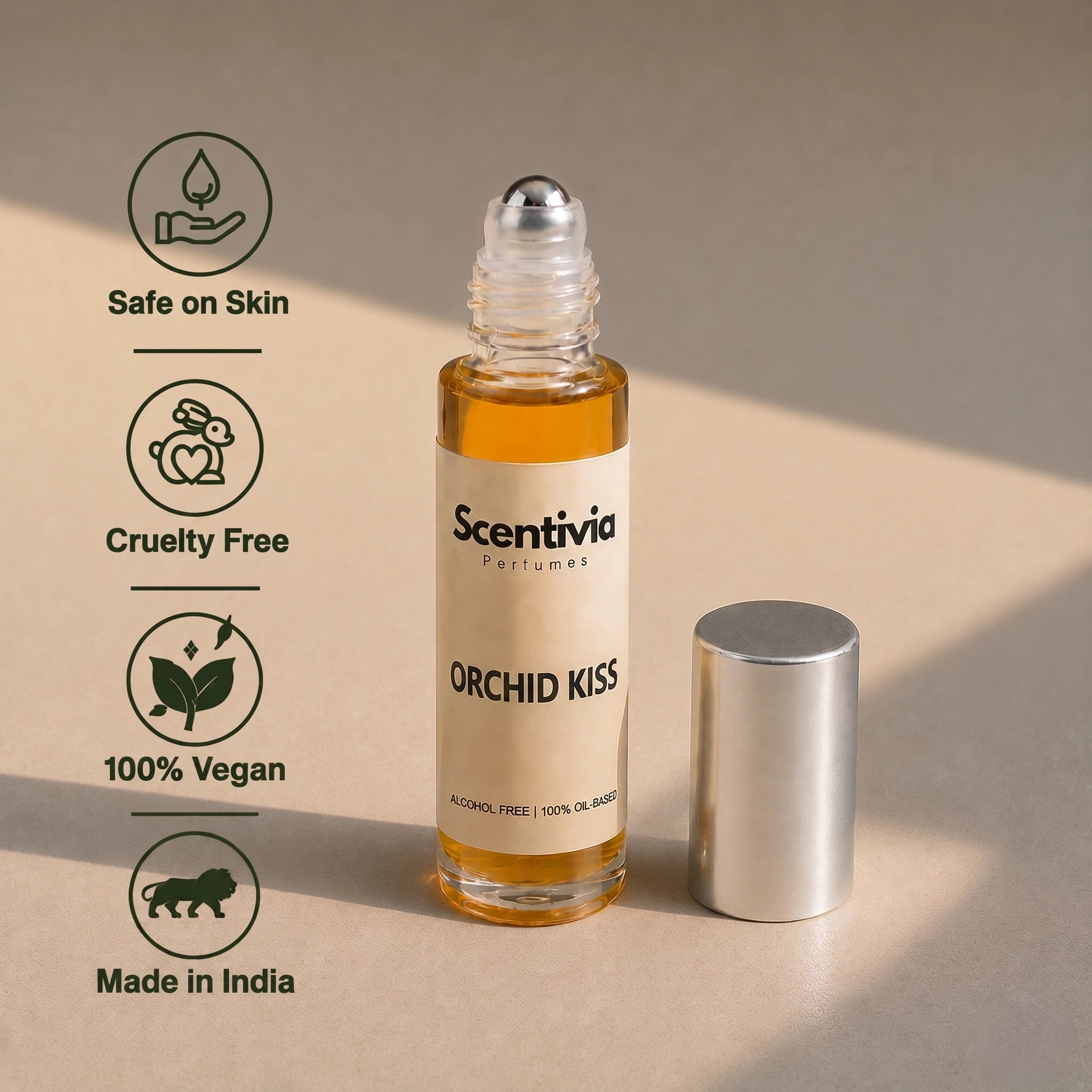 Orchid Kiss Roll On bottle highlighting skin safe, cruelty free, vegan and Made in India alcohol free perfume benefits
