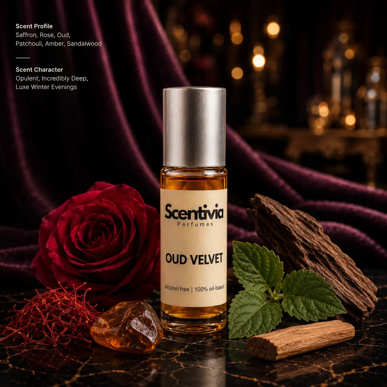Oud Velvet Roll On bottle with Rose, Saffron, Oud and Sandalwood featuring an opulent deep luxury scent profile