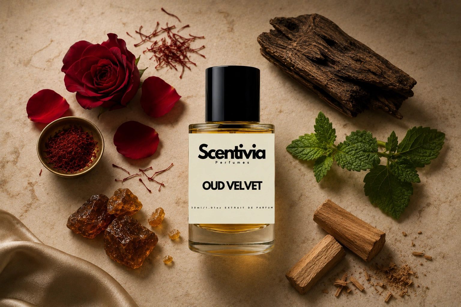 Scentivia Oud Velvet perfume bottle surrounded by a red rose with loose petals, saffron threads in a small bowl, pieces of raw oud wood, amber-colored resin crystals, green mint leaves, and small sandalwood blocks on a textured beige surface.