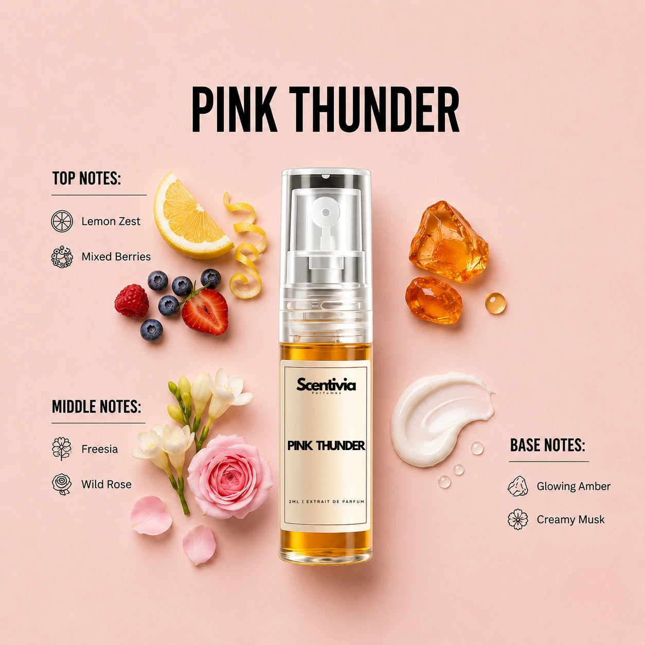 Pink Thunder 2ML perfume bottle by Scentivia Perfumes with Lemon Zest, Berries, Freesia, Rose, Amber and Musk