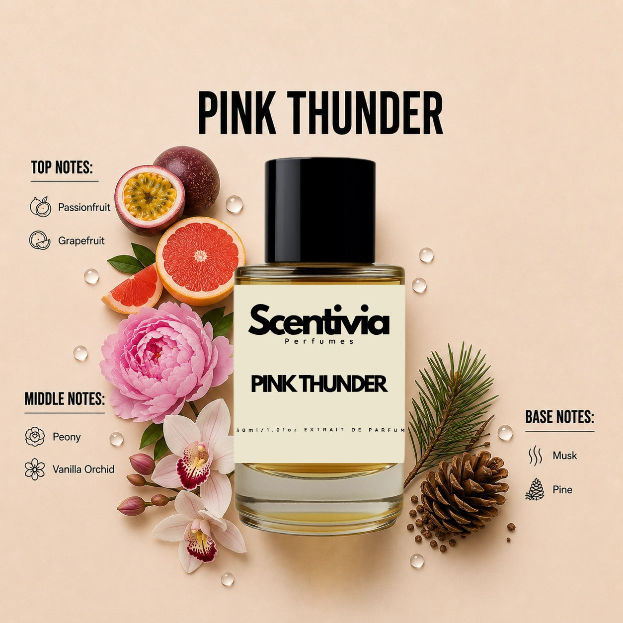 Scentivia Pink Thunder perfume breakdown showing top, middle, and base notes including passionfruit, peony, and pine around the bottle.