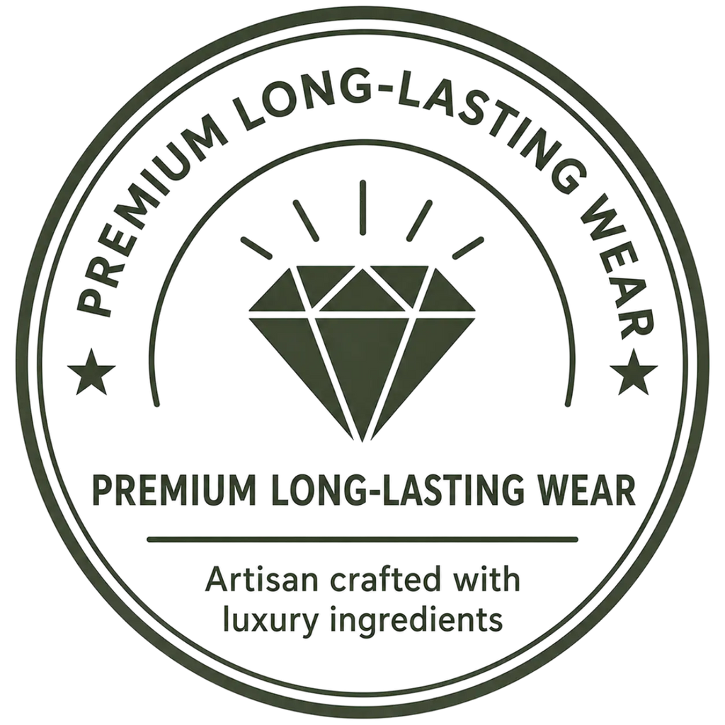 A circular, dark green stamp badge featuring a sparkling diamond icon radiating light lines in the center. The curved text along the top edge reads "PREMIUM LONG-LASTING WEAR," flanked by stars. Below the diamond, the bold text reads "PREMIUM LONG-LASTING WEAR," with a tagline below reading, "Artisan crafted with luxury ingredients."