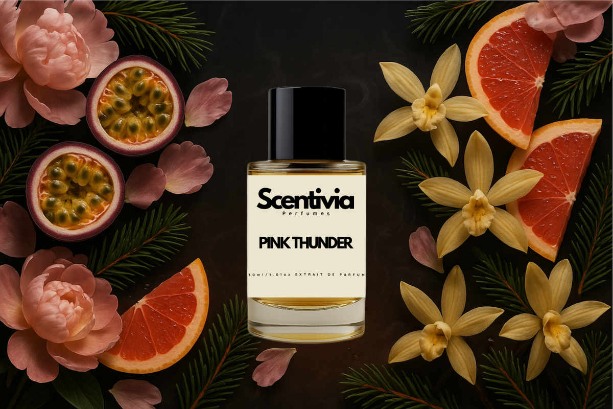 Scentivia Pink Thunder perfume bottle surrounded by sliced passionfruit, grapefruit, peonies, vanilla orchids, and pine needles.