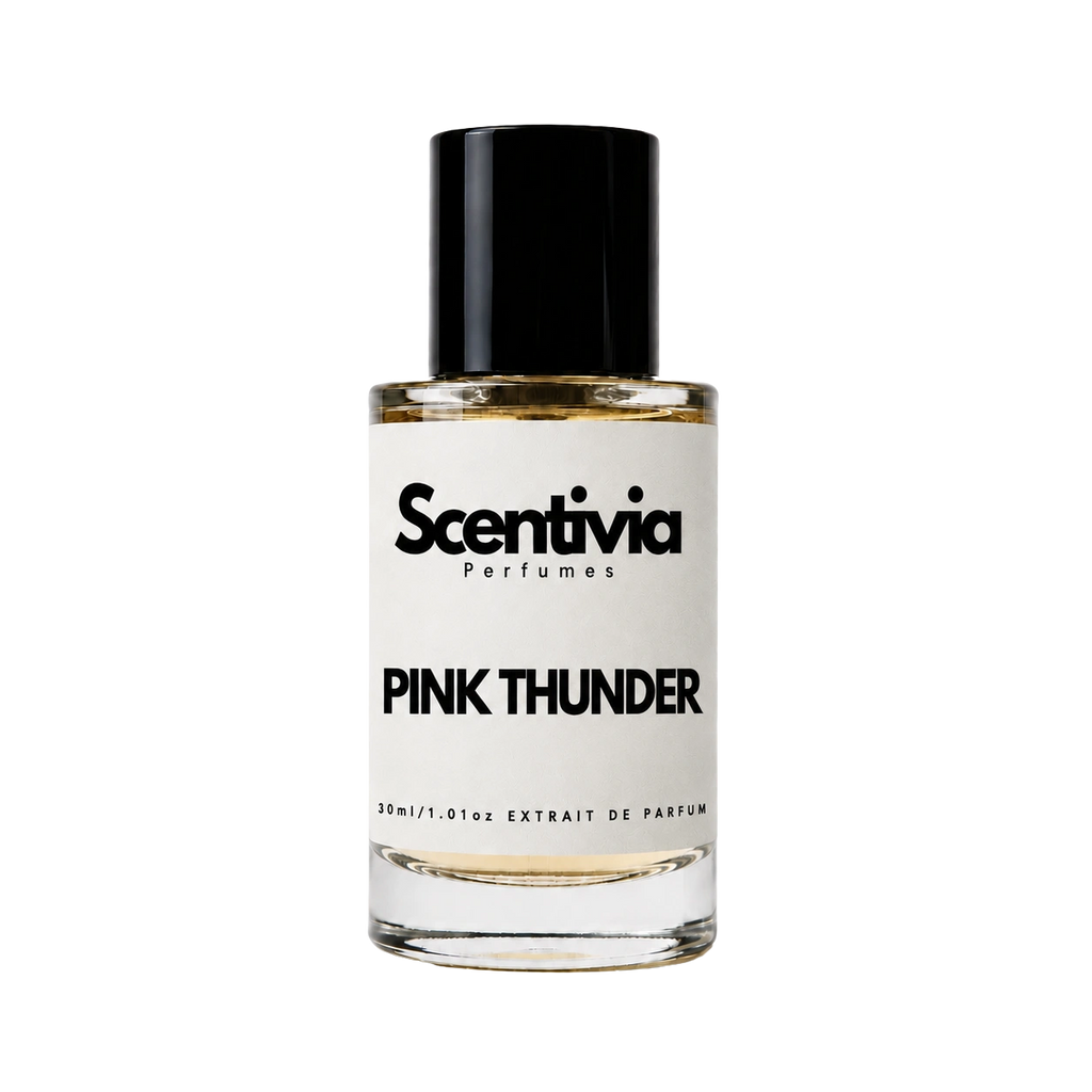 Perfume bottle with black cap, Scentivia Pink Thunder label, 30 ml extrait de parfum