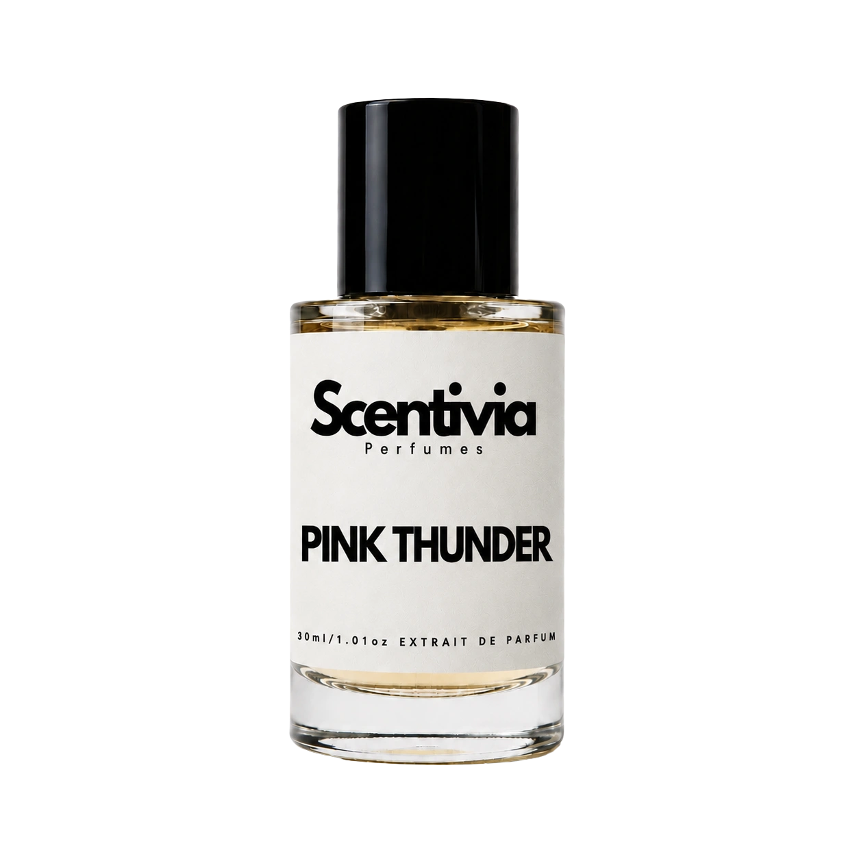 Perfume bottle with black cap, Scentivia Pink Thunder label, 30 ml extrait de parfum