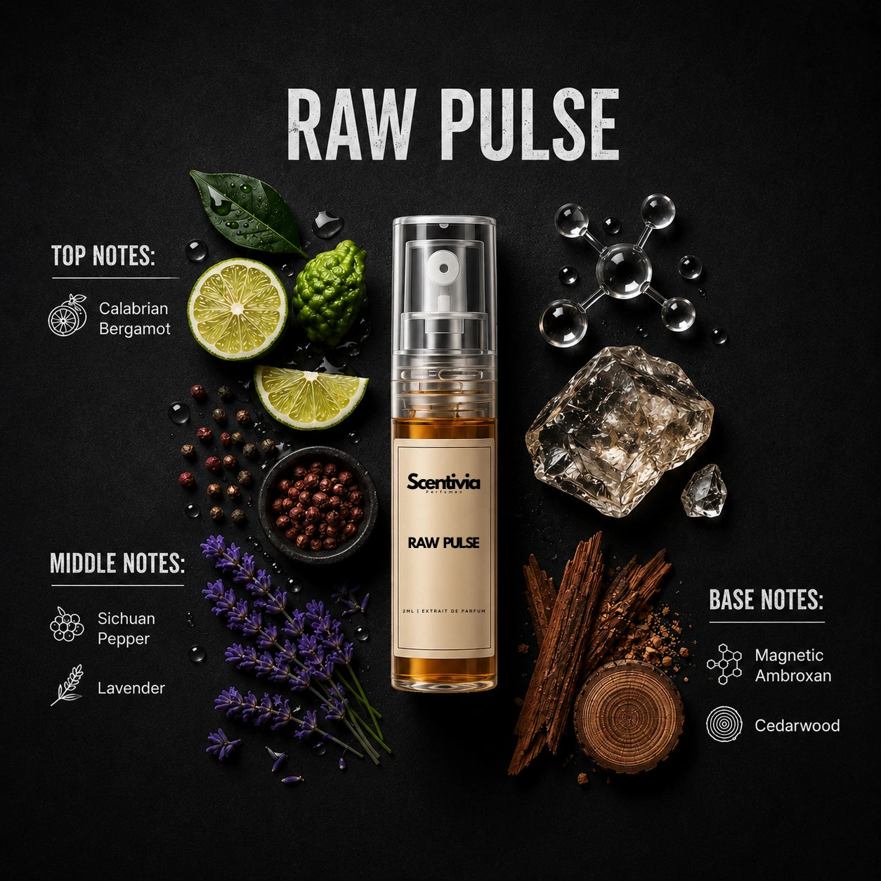 Raw Pulse 2ML perfume bottle by Scentivia Perfumes with Bergamot, Pepper, Lavender, Ambroxan and Cedarwood