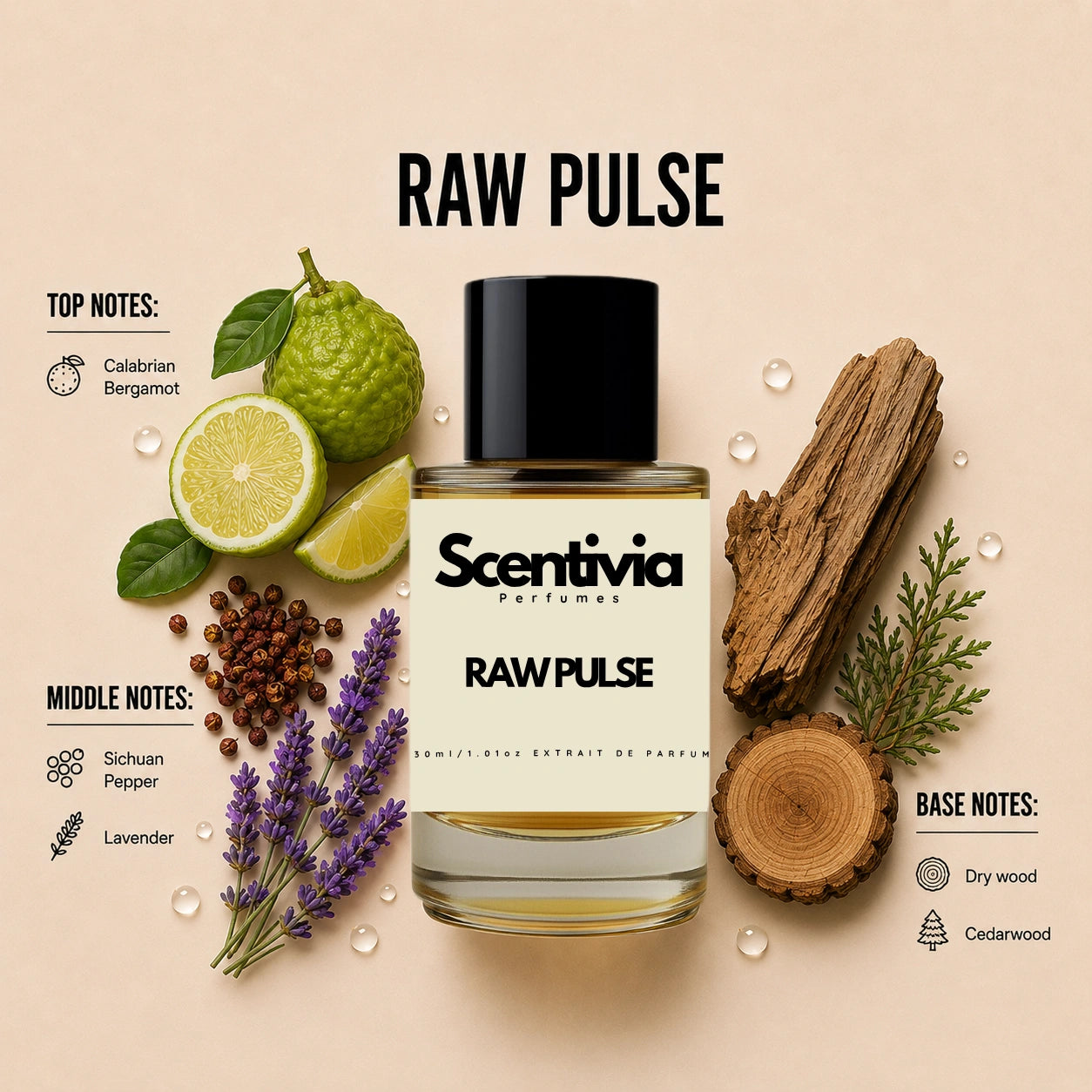 Scentivia Raw Pulse perfume breakdown showing top, middle, and base notes including Calabrian bergamot, Sichuan pepper, lavender, dry wood, and cedarwood around the bottle.