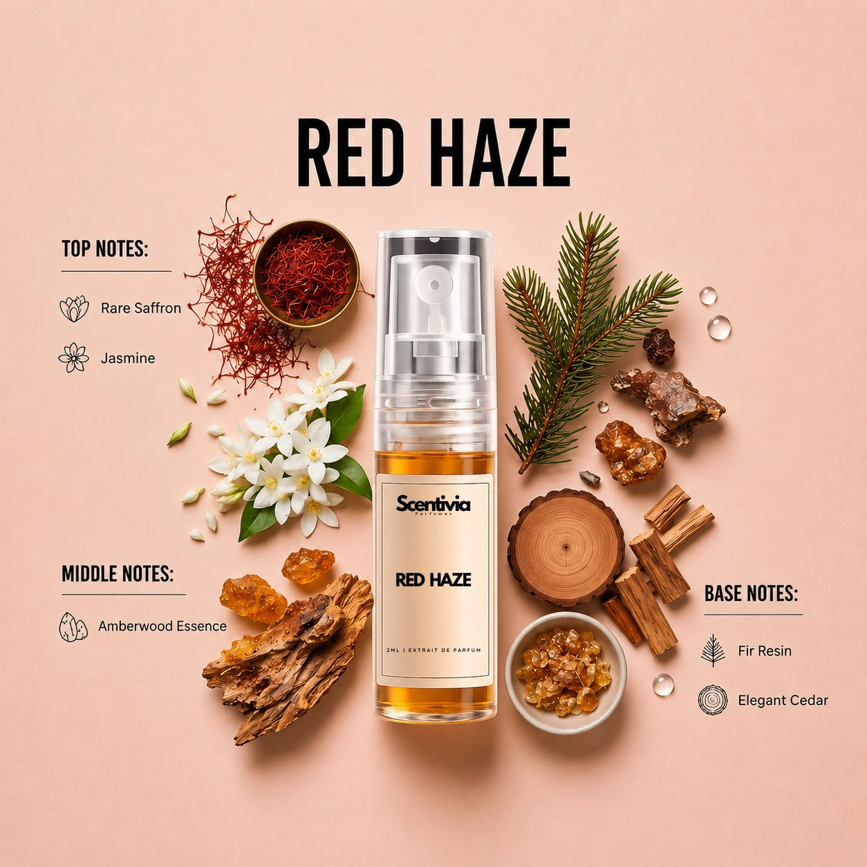 Red Haze 2ML perfume bottle by Scentivia Perfumes with saffron, jasmine, amberwood, fir resin and cedar