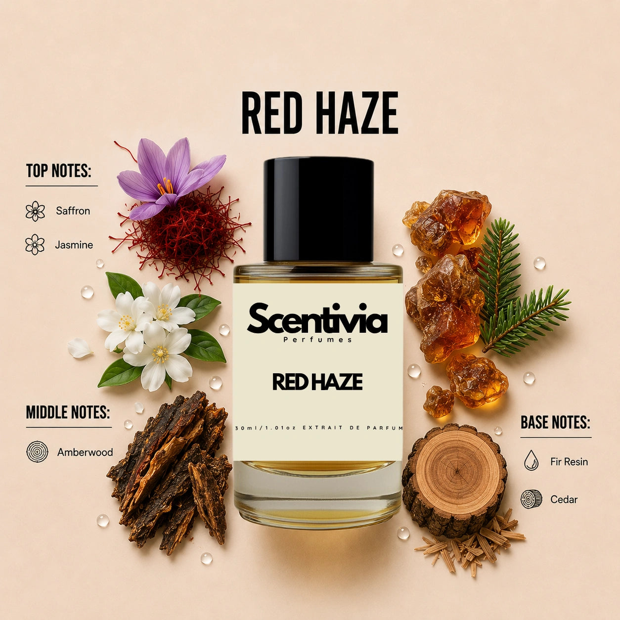 Scentivia Red Haze perfume breakdown showing top, middle, and base notes including saffron, jasmine, amberwood, fir resin, and cedar around the bottle.