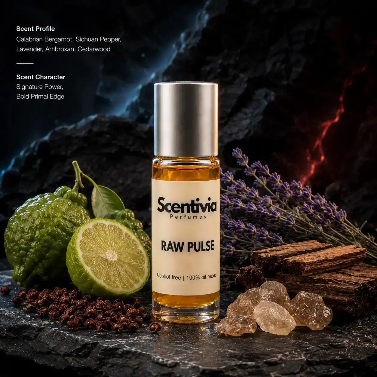 Raw Pulse roll on bottle with Bergamot, Sichuan Pepper, Lavender, Cedarwood and Amber crystals in bold dark setting. Character: Bold, Powerful