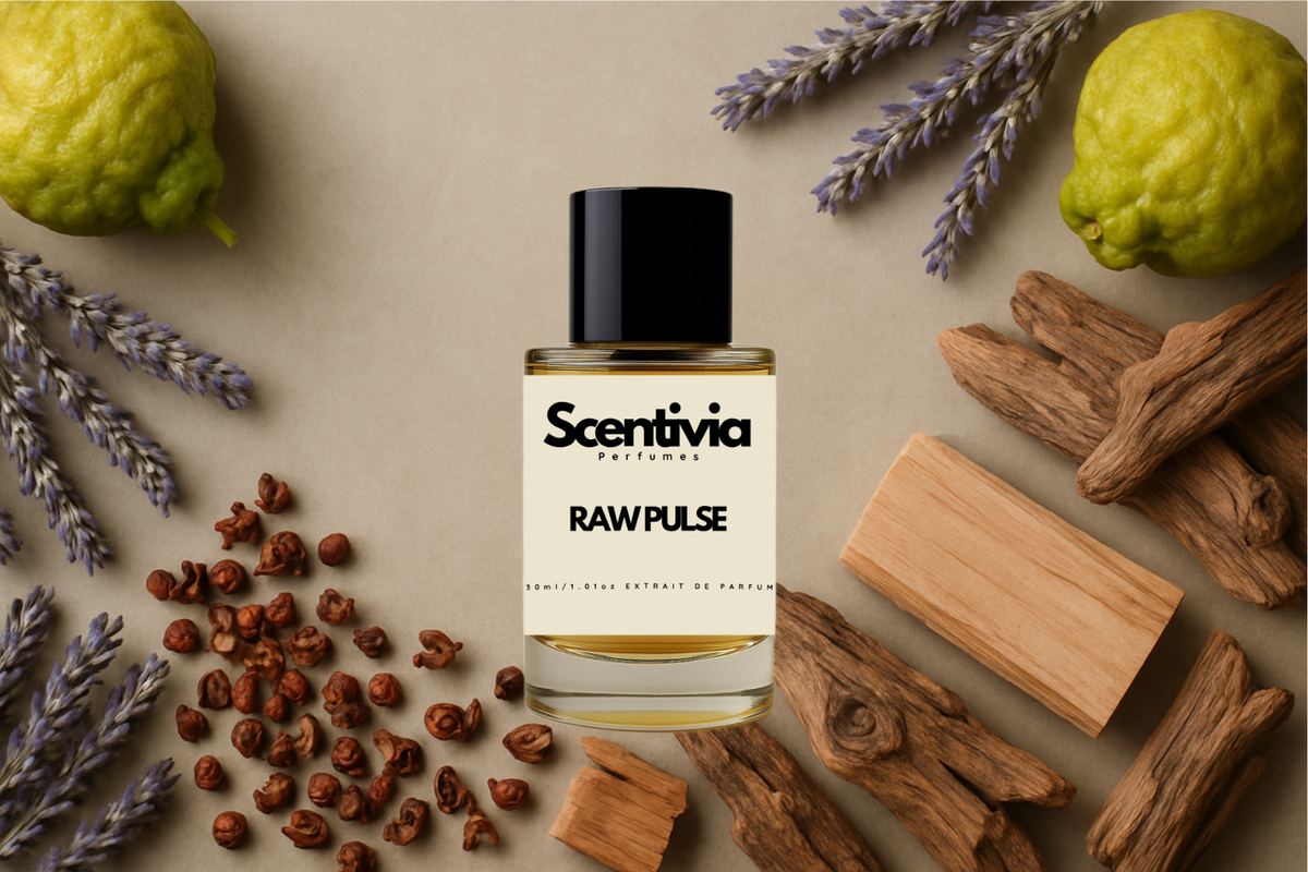 Scentivia Raw Pulse perfume bottle surrounded by rough bergamot citrus fruits, sprigs of purple lavender, small brown spice seeds, and pieces of raw wood on a muted beige background.