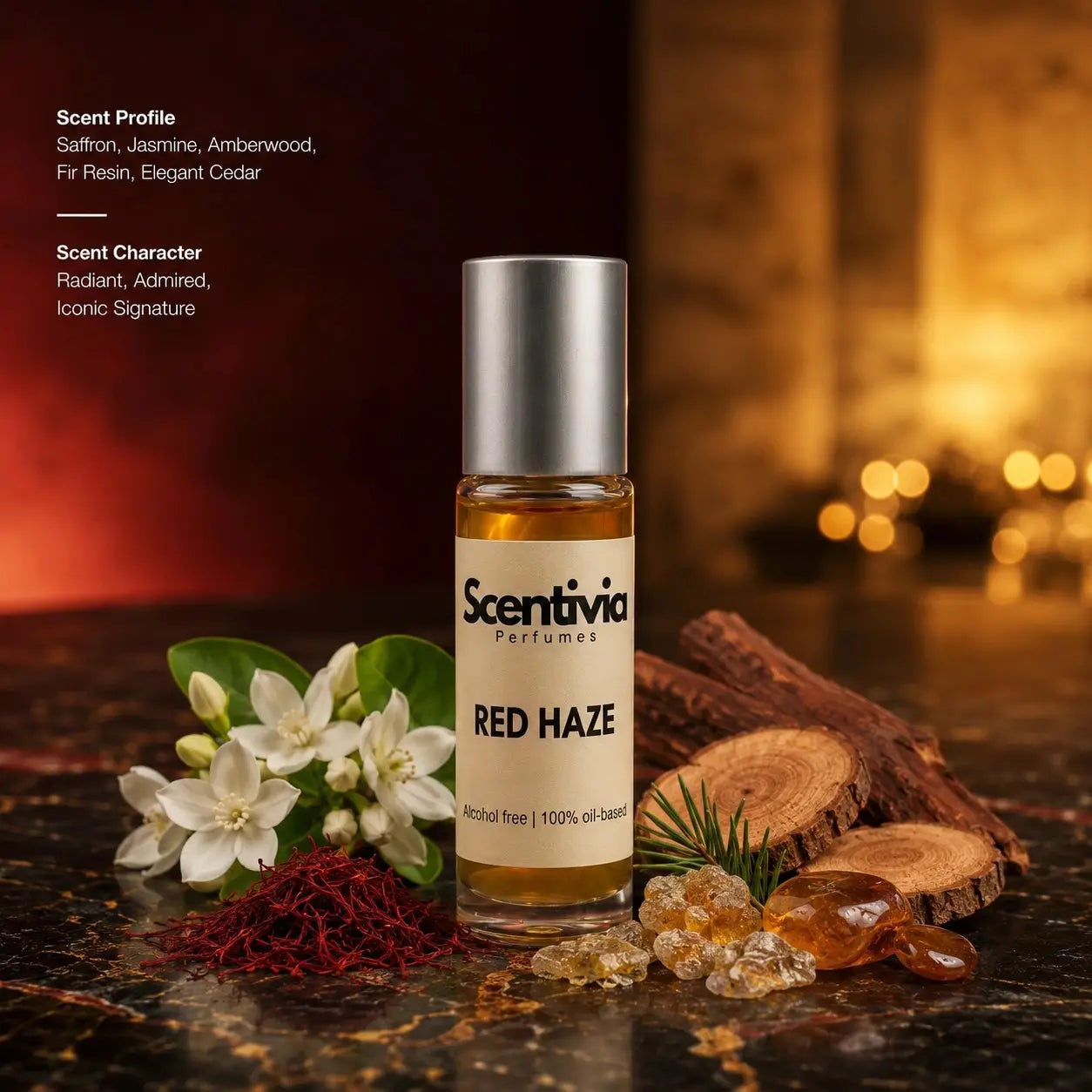 Red Haze roll on bottle with Saffron, Jasmine, Amberwood, Cedar and Fir Resin in warm luxurious setting. Character: Radiant, Iconic
