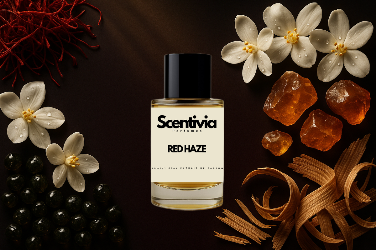 Scentivia Red Haze perfume bottle arranged flat on a dark brown background surrounded by red saffron strands, small dark glossy berries, white blossoms, golden amber pieces, and wood shavings.