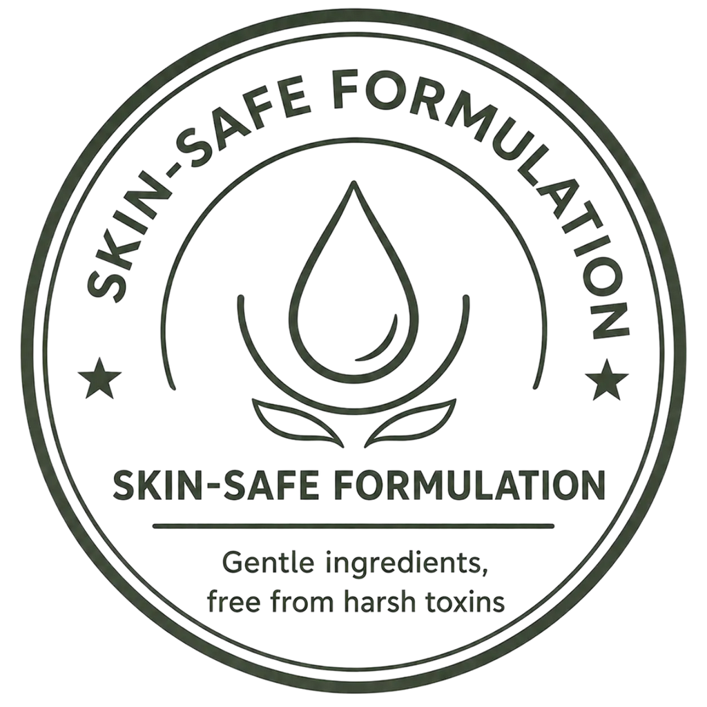 A circular, dark green stamp badge featuring a line-art liquid droplet nestled within a small lotus leaf outline in the center. The curved text along the top edge reads "SKIN-SAFE FORMULATION," flanked by stars. Below the icon, the bold text reads "SKIN-SAFE FORMULATION," with a tagline reading, "Gentle ingredients, free from harsh toxins."