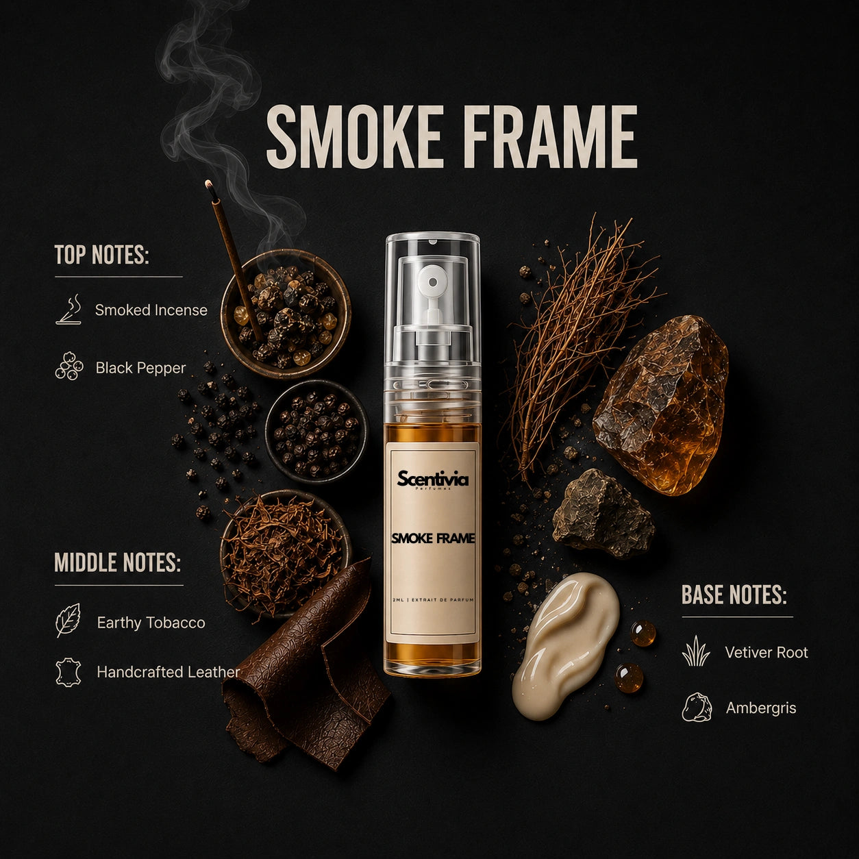 Smoke Frame 2ML perfume bottle by Scentivia Perfumes with Incense, Black Pepper, Tobacco, Leather, Vetiver and Ambergris