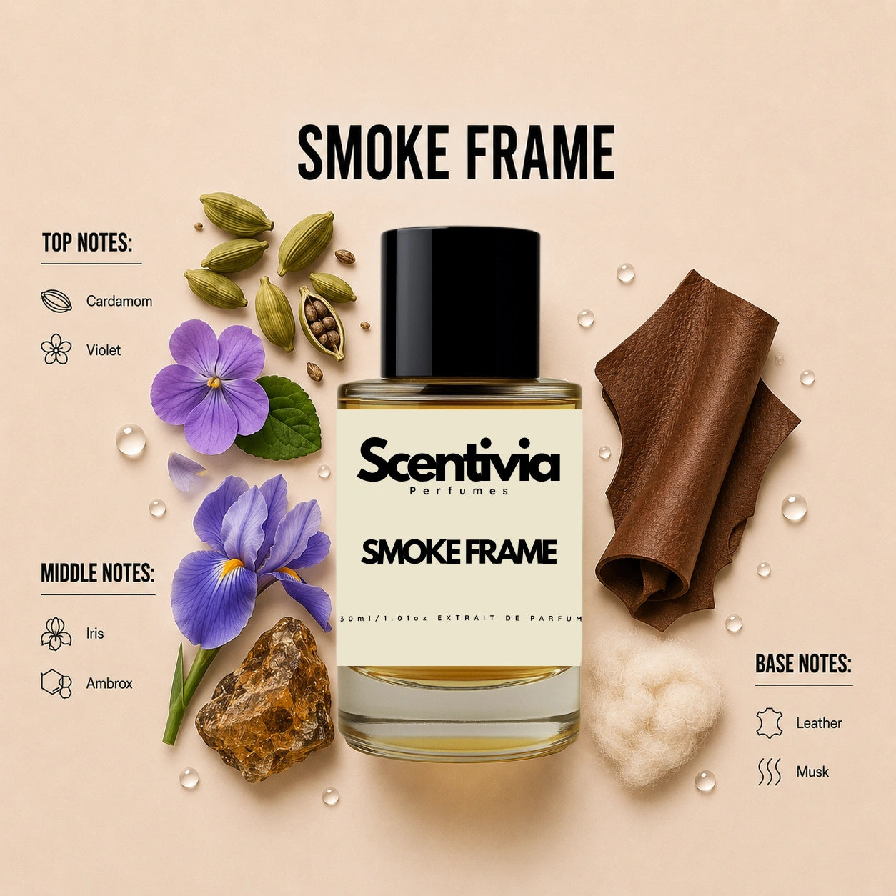 Scentivia Smoke Frame perfume breakdown showing top, middle, and base notes including cardamom, violet, iris, ambrox, leather, and musk around the bottle.