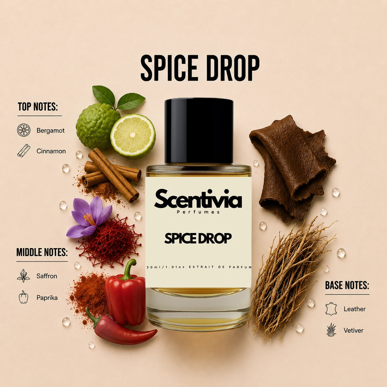 Scentivia Spice Drop perfume breakdown showing top, middle, and base notes including bergamot, cinnamon, saffron, paprika, leather, and vetiver around the bottle.