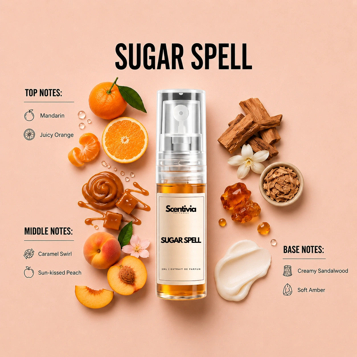 Sugar Spell 2ML perfume bottle by Scentivia Perfumes with Mandarin, Orange, Caramel, Peach, Sandalwood and Amber