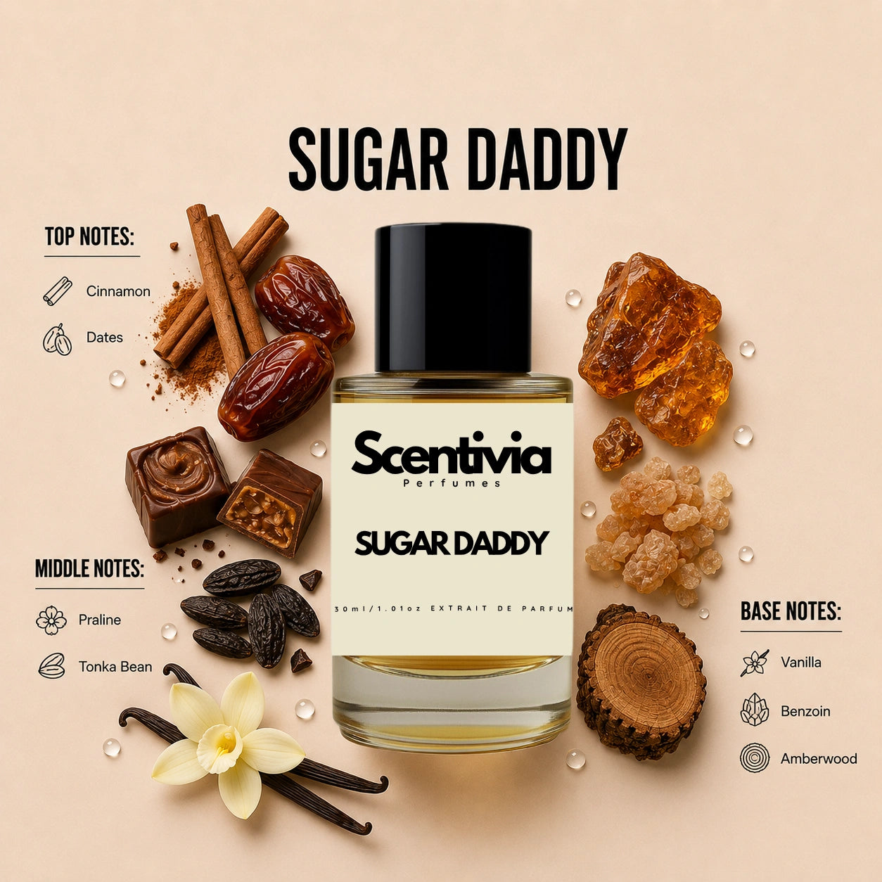 Scentivia Sugar Daddy perfume breakdown showing top, middle, and base notes including cinnamon, dates, praline, tonka bean, vanilla, benzoin, and amberwood around the bottle.