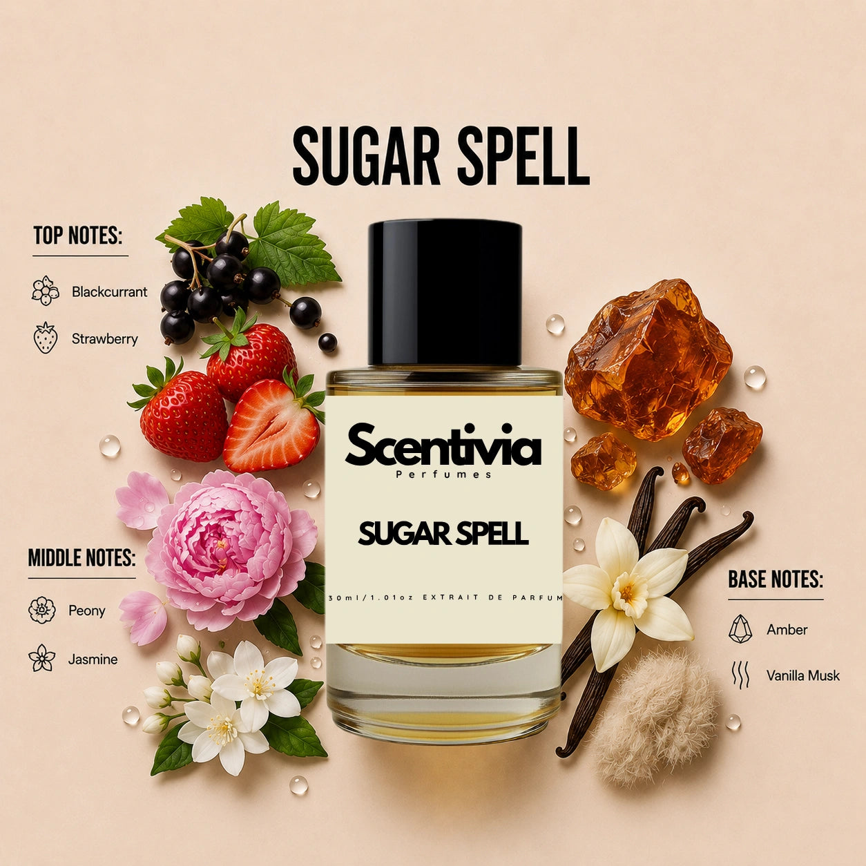 Scentivia Sugar Spell perfume breakdown showing top, middle, and base notes including blackcurrant, strawberry, peony, jasmine, amber, and vanilla musk around the bottle.