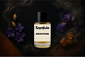 Scentivia Smoke Frame perfume bottle arranged flat on a dark background with swirls of smoke, surrounded by purple blossoms, small seed pods, a large purple iris, and translucent amber chunks.