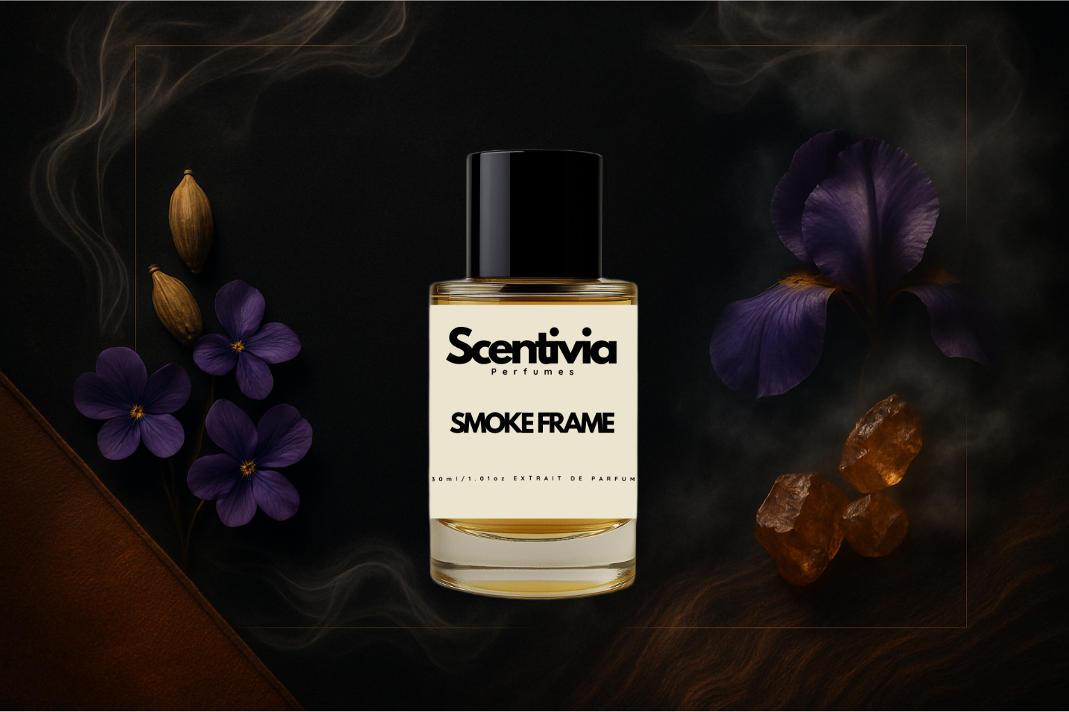 Scentivia Smoke Frame perfume bottle arranged flat on a dark background with swirls of smoke, surrounded by purple blossoms, small seed pods, a large purple iris, and translucent amber chunks.