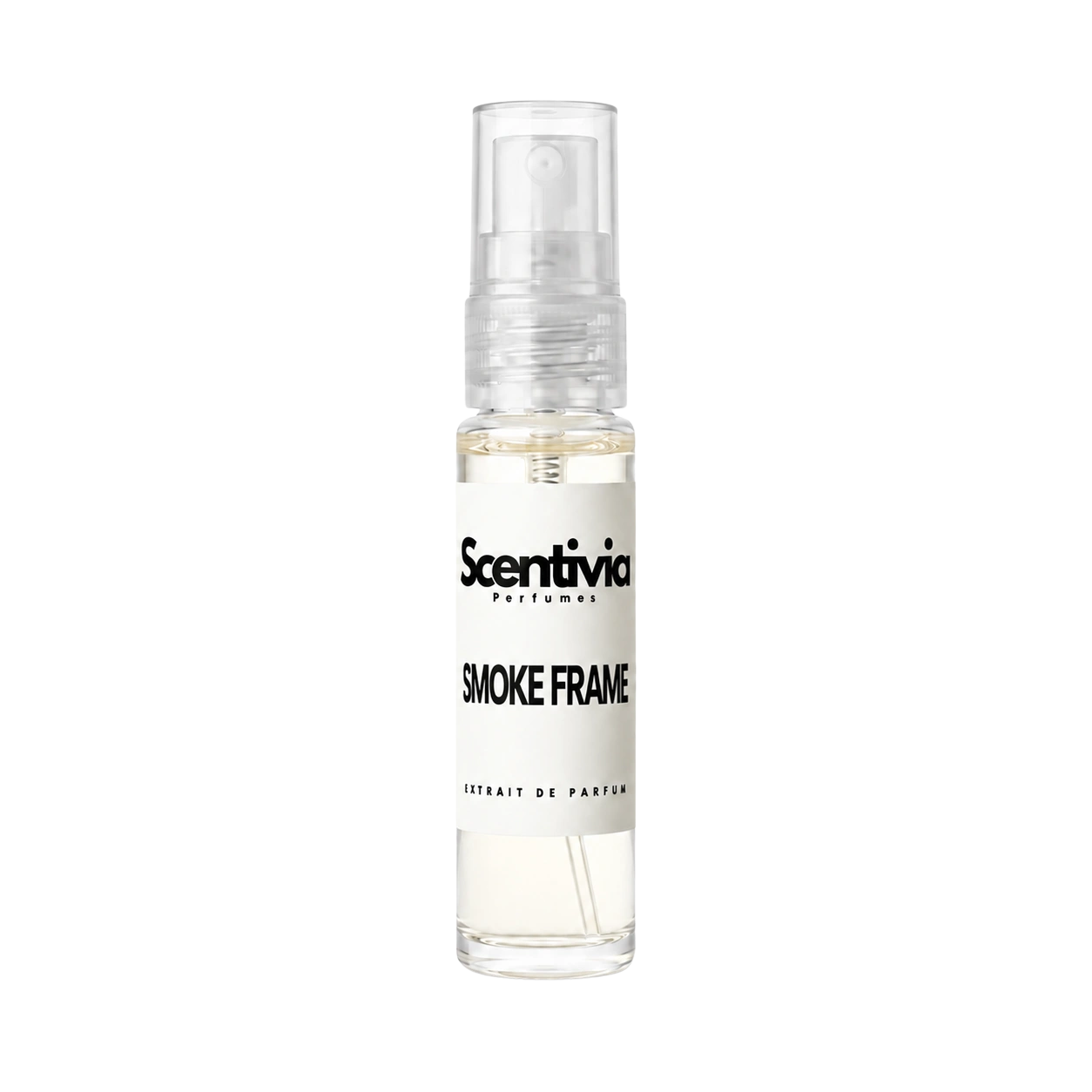 Perfume bottle with clear sprayer and Smoke Frame label