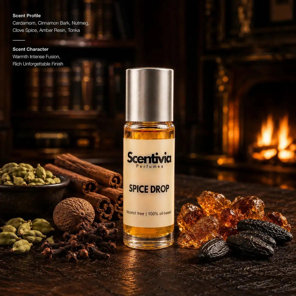 Spice Drop roll on bottle with Cardamom, Cinnamon, Nutmeg, Cloves, Amber resin and Tonka in warm smoky setting. Character: Rich, Warm