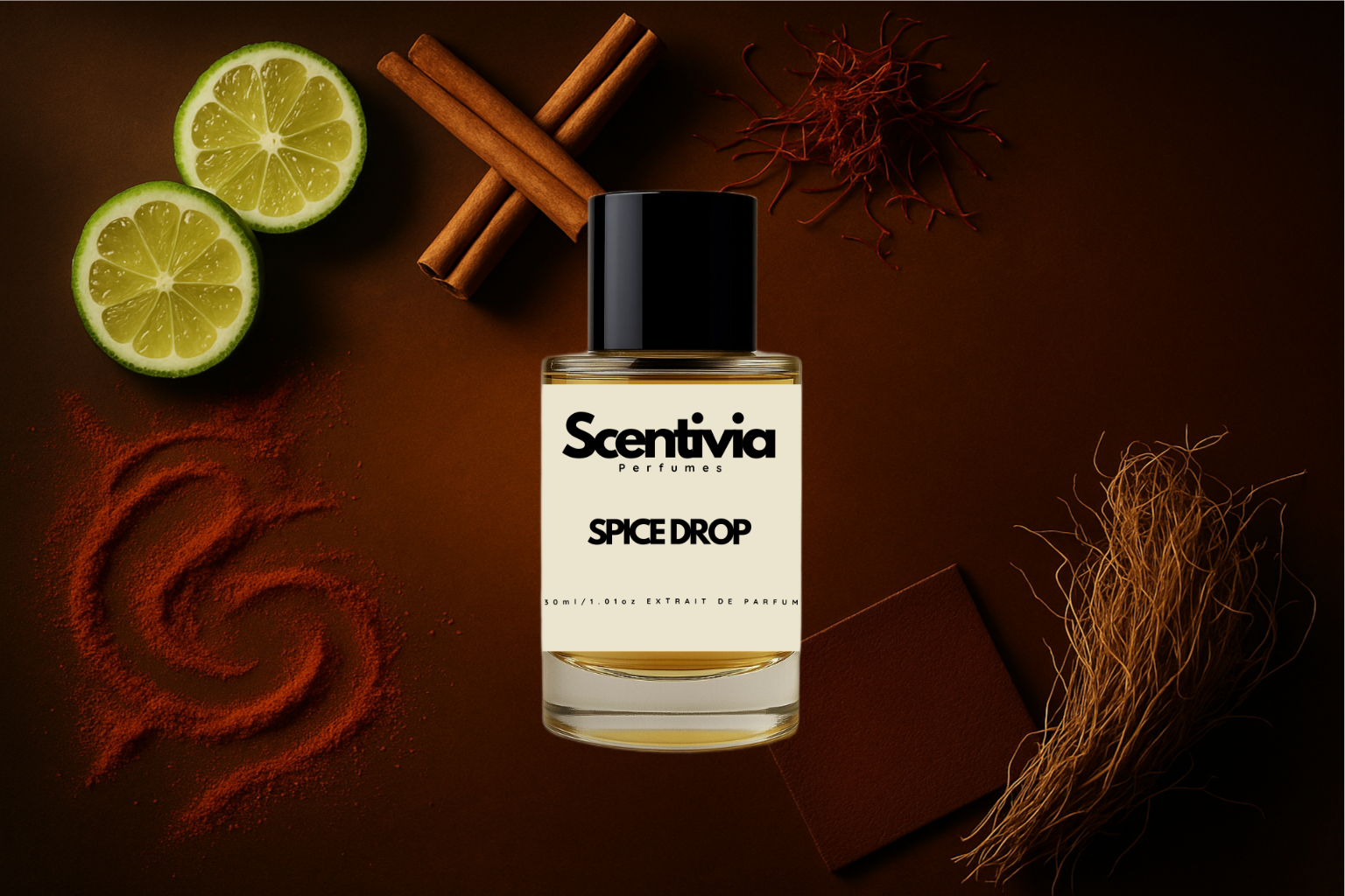Scentivia Spice Drop perfume bottle arranged flat on a dark brown background surrounded by lime wheels, cinnamon sticks, saffron strands, fine powder swirls, a small leather square, and dried roots.