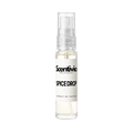 Perfume spray bottle with clear glass, white cap, and SPICE DROP label
