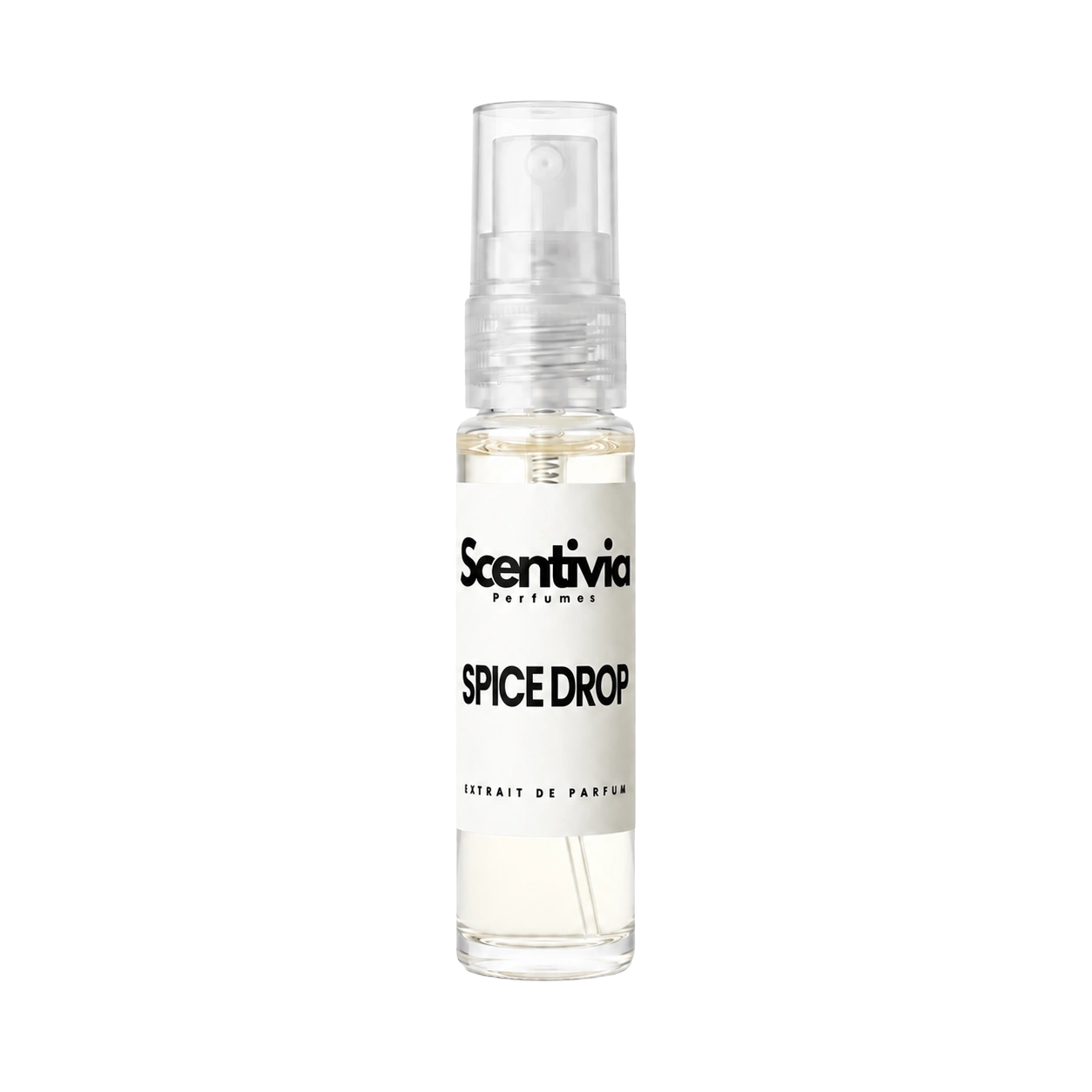 Perfume spray bottle with clear glass, white cap, and SPICE DROP label