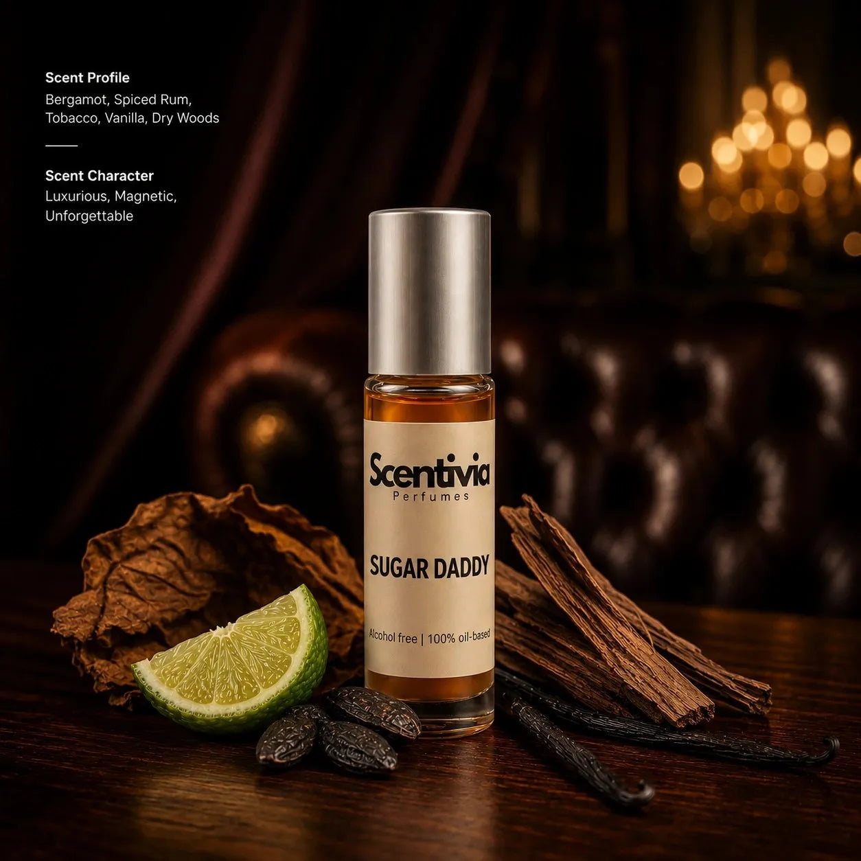 Sugar Daddy roll on bottle with Bergamot, Rum, Tobacco, Vanilla and Dry Woods in luxurious warm setting. Character: Magnetic, Luxurious