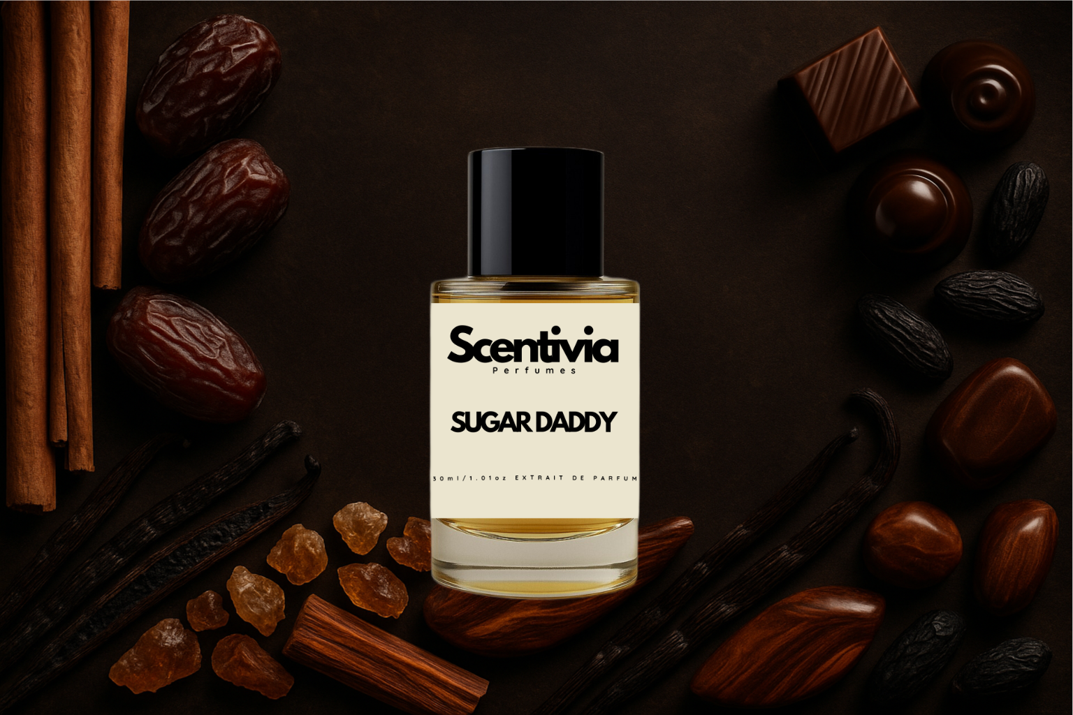 Scentivia Sugar Daddy perfume bottle surrounded by cinnamon sticks, dates, vanilla pods, amber-colored crystals, chocolate pralines, and tonka beans on a dark mahogany background.