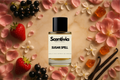 Scentivia Sugar Spell perfume bottle arranged flat on a light marble surface surrounded by fresh strawberries, blackcurrants, pink flower blossoms, scattered petals, amber chunks, and vanilla pods.