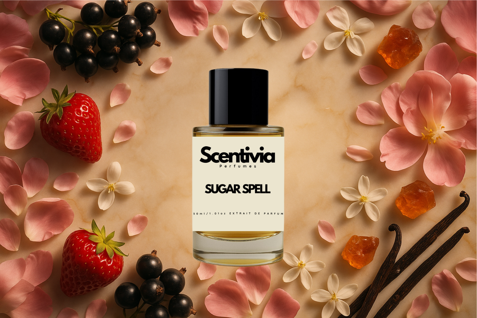 Scentivia Sugar Spell perfume bottle arranged flat on a light marble surface surrounded by fresh strawberries, blackcurrants, pink flower blossoms, scattered petals, amber chunks, and vanilla pods.