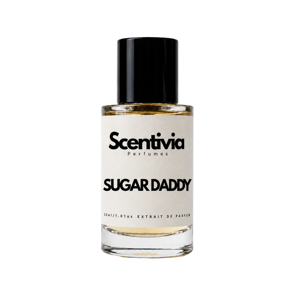 Sugar Daddy perfume bottle with black cap, Scentivia label, clear glass and gold liquid